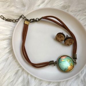 Travel/world themed string bracelet and earrings